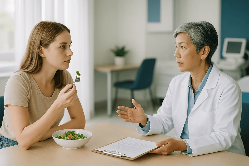 Doctor consulting patient about healthy diet with salad: Buccal fat removal age: why a face at 25 is not a face at 55