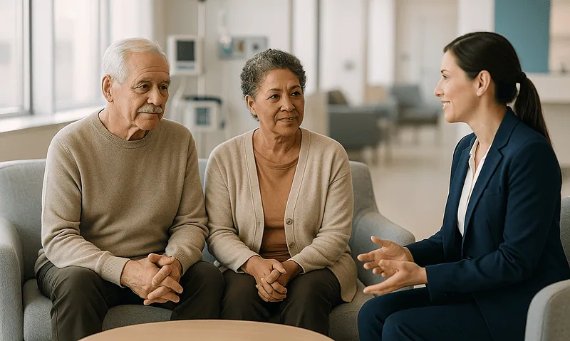 Medical consultation with elderly couple at Acibadem Hospital in Turkey.