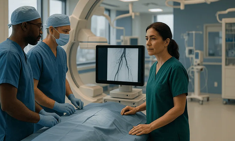 Medical team performing angiography procedure in a hospital setting.