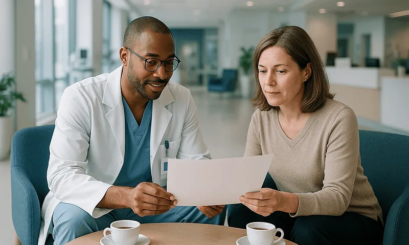 Doctor consulting with a female patient in a modern hospital lounge.