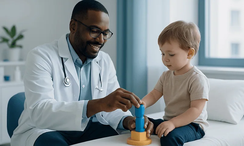 Pediatrician and young boy playing with stacking toy in clinic.