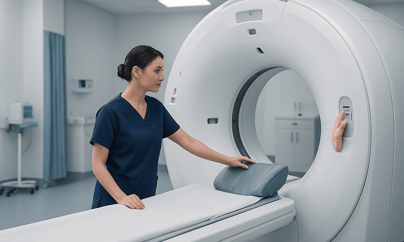 Medical technician prepares MRI scan in hospital imaging room.