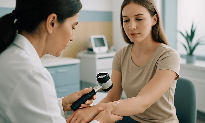 Doctor examining patient's skin for Bullous Pemphigoid diagnosis.