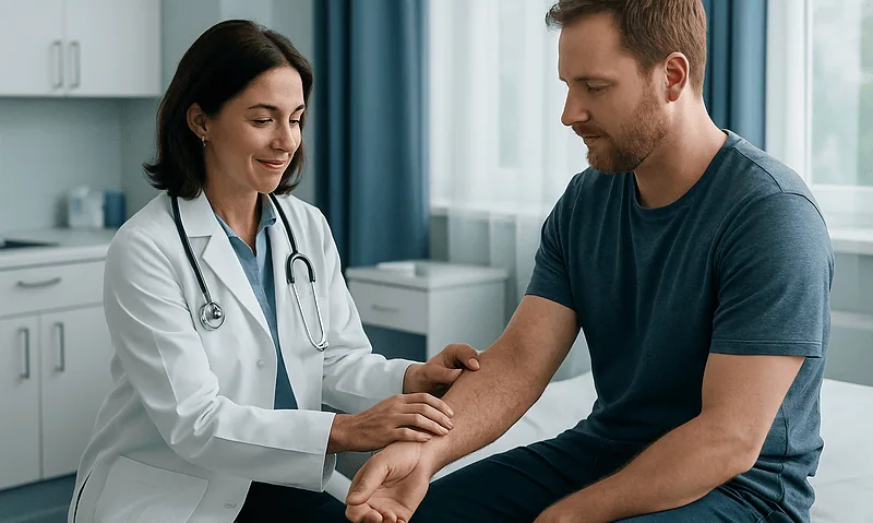 Doctor examining patient's arm in a medical consultation room.