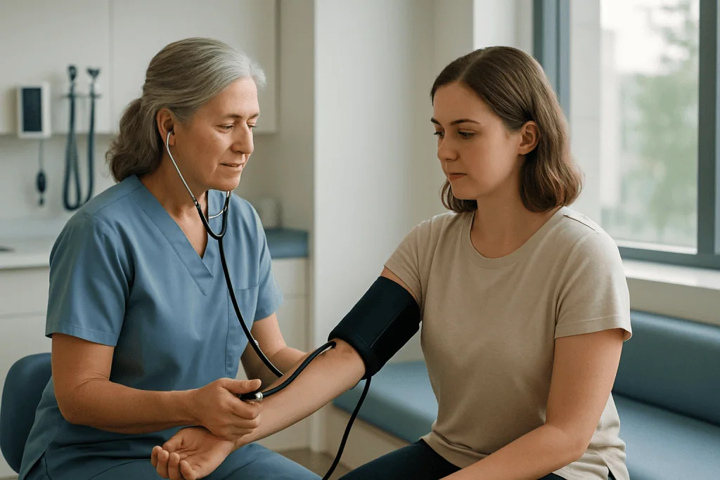 Burns 1 Doctor checking patient's blood pressure in a hospital setting.
