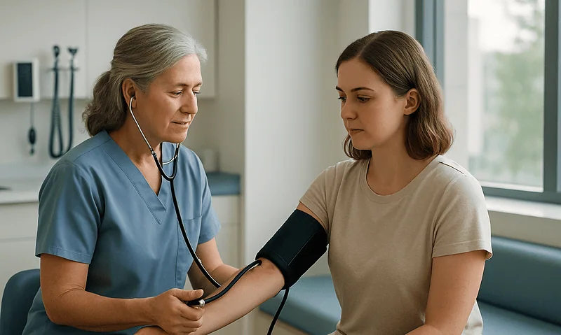 Doctor checking patient's blood pressure in a hospital setting.