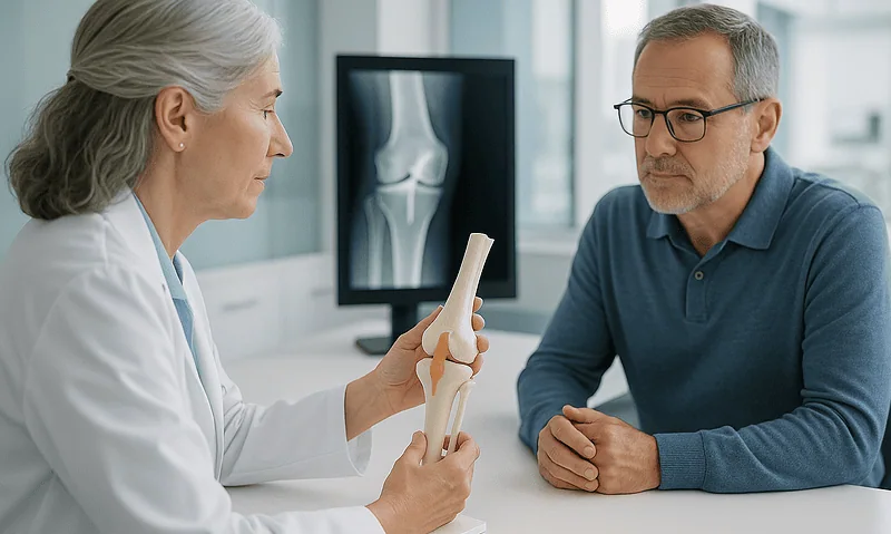 Doctor explaining knee joint issues to a patient in a medical consultation.