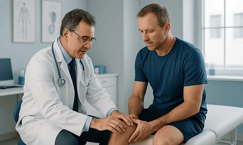 Doctor examining a patient's knee in a medical clinic setting.