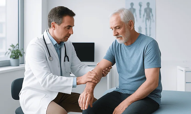 Doctor examining elderly man's elbow in a medical consultation room.