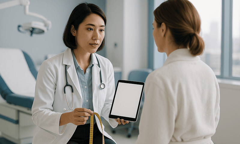 Doctor consulting with patient in a medical clinic setting.