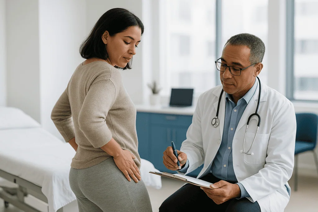 Doctor consulting pregnant woman about back pain: Buttock lift, Brazilian butt lift or implants: which recovery are we talki