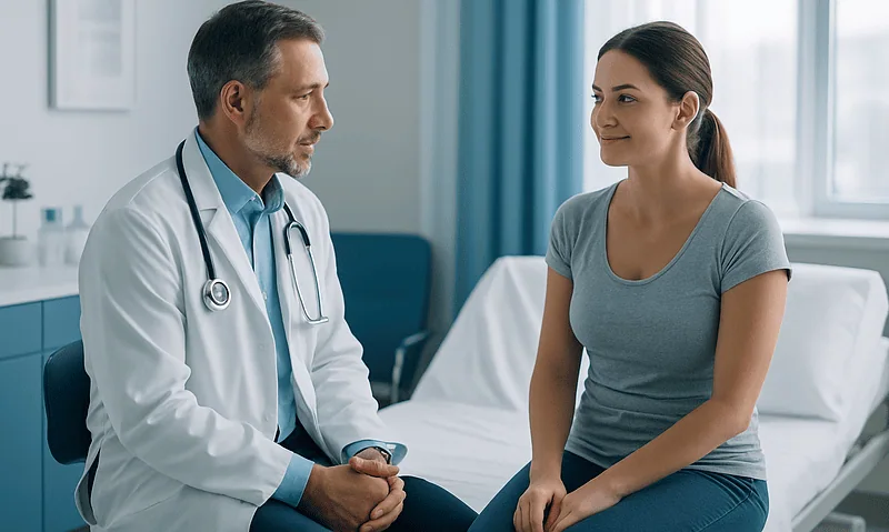 Doctor consulting with a patient in a hospital room.