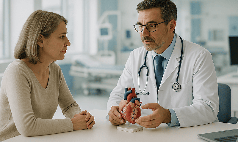 Cardiologist explaining heart surgery recovery to a patient in a hospital setting.
