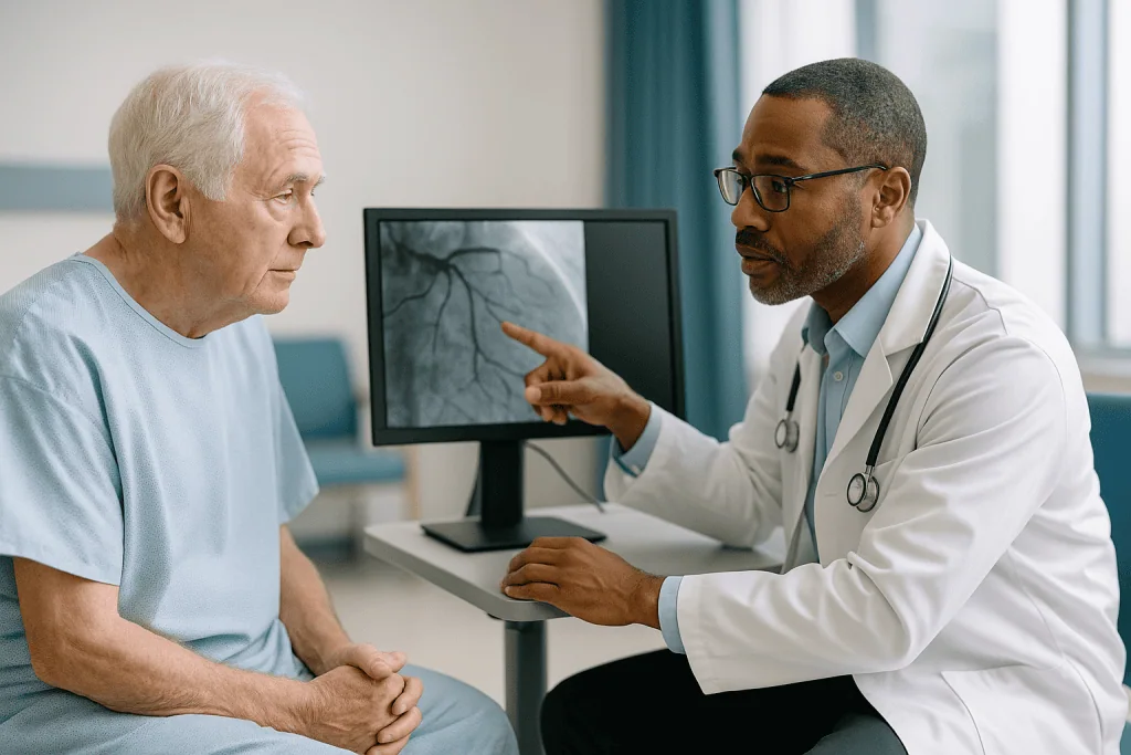 Doctor explaining coronary angiography image to elderly patient: Bypass surgery vs stent: what the angiogram pictures reveal