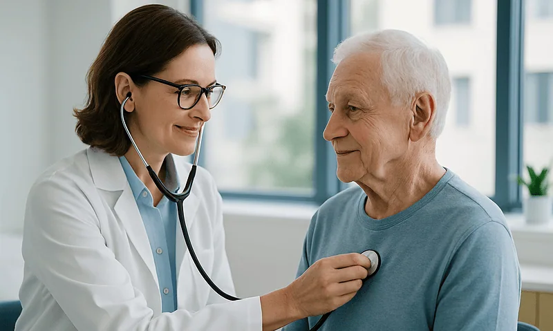 Doctor examining an elderly male patient with stethoscope in clinic.