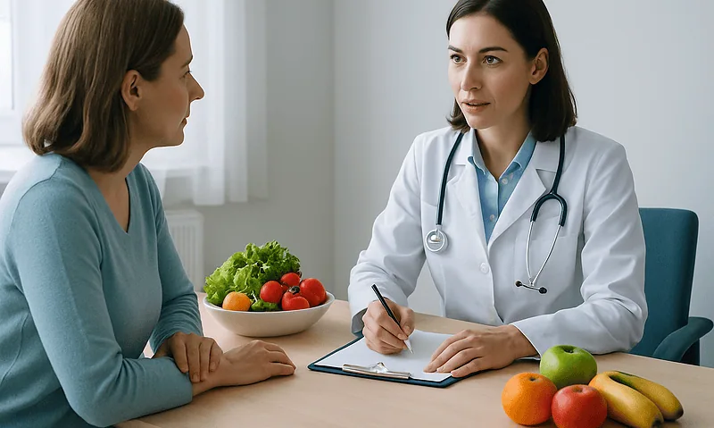 Doctor consulting with a patient about dietary plans for lactose intolerance.