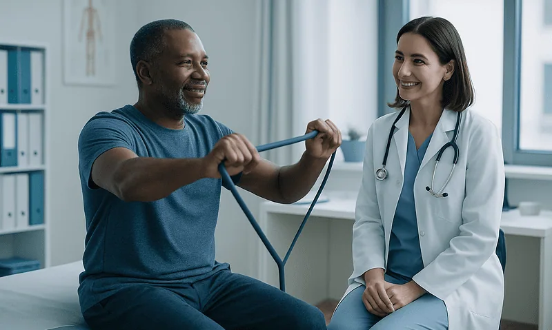 Doctor assisting patient with resistance band exercise in clinic.