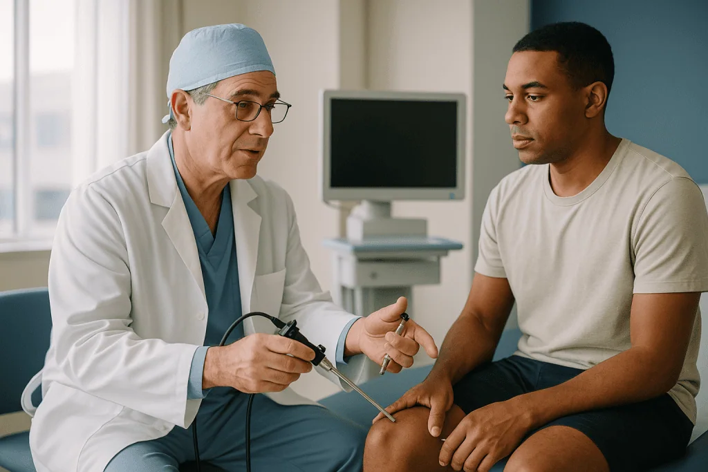 Doctor examining patient's knee with handheld device: Cameras and portals: how the surgeon gets inside the knee