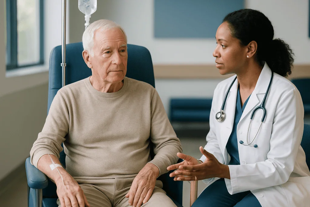 Doctor consulting with elderly male patient in clinic: Can a 70 year old get a bone marrow transplant, and is there an age l