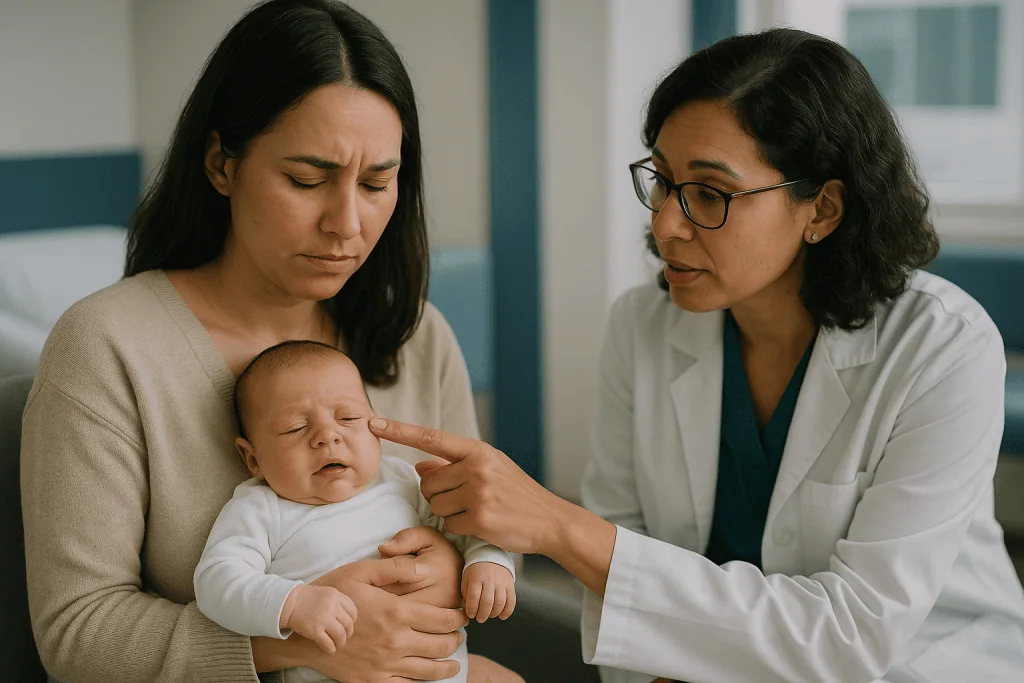 Pediatrician examining infant's face during medical consultation: Can a blocked tear duct cause yellow discharge in babies?