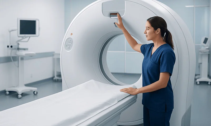 Medical technician prepares MRI scan in a modern hospital setting.