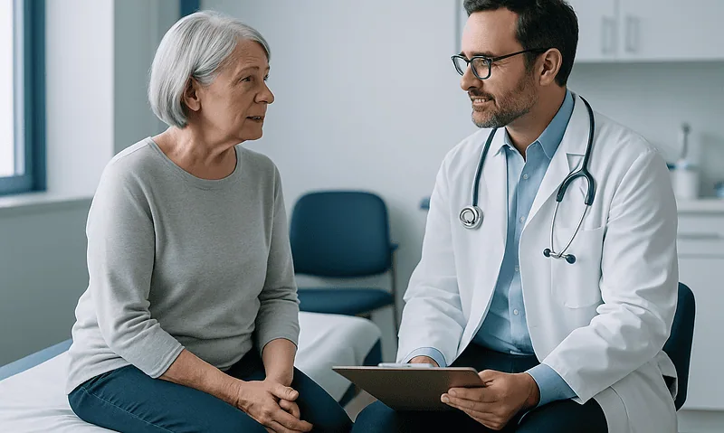 Doctor consulting with elderly woman in hospital room.