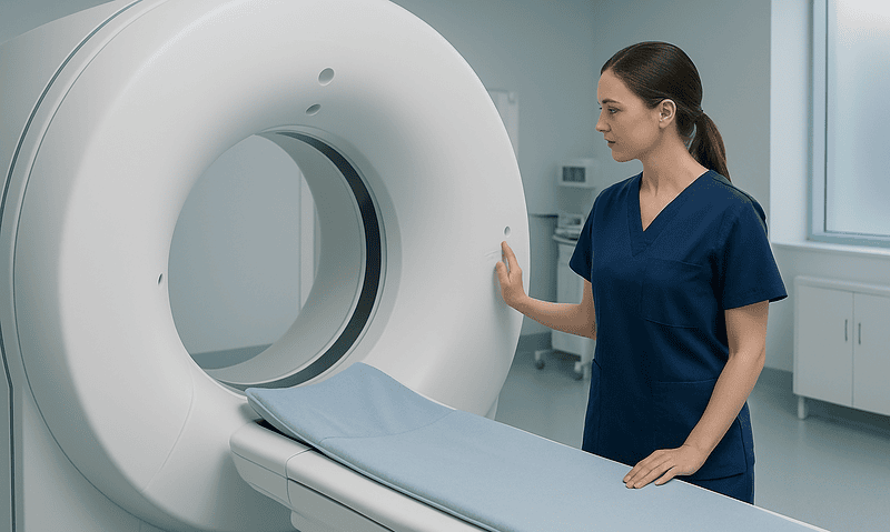 Medical professional prepares for a CT scan in a hospital setting.