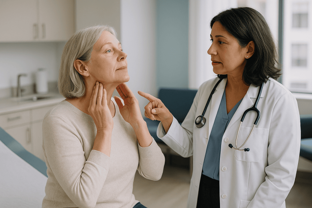 Doctor consulting with older female patient about throat: Can a face lift and neck lift be done at the same time?