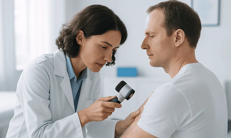Dermatologist examining a patient's skin with a dermatoscope at Acibadem Hospital.
