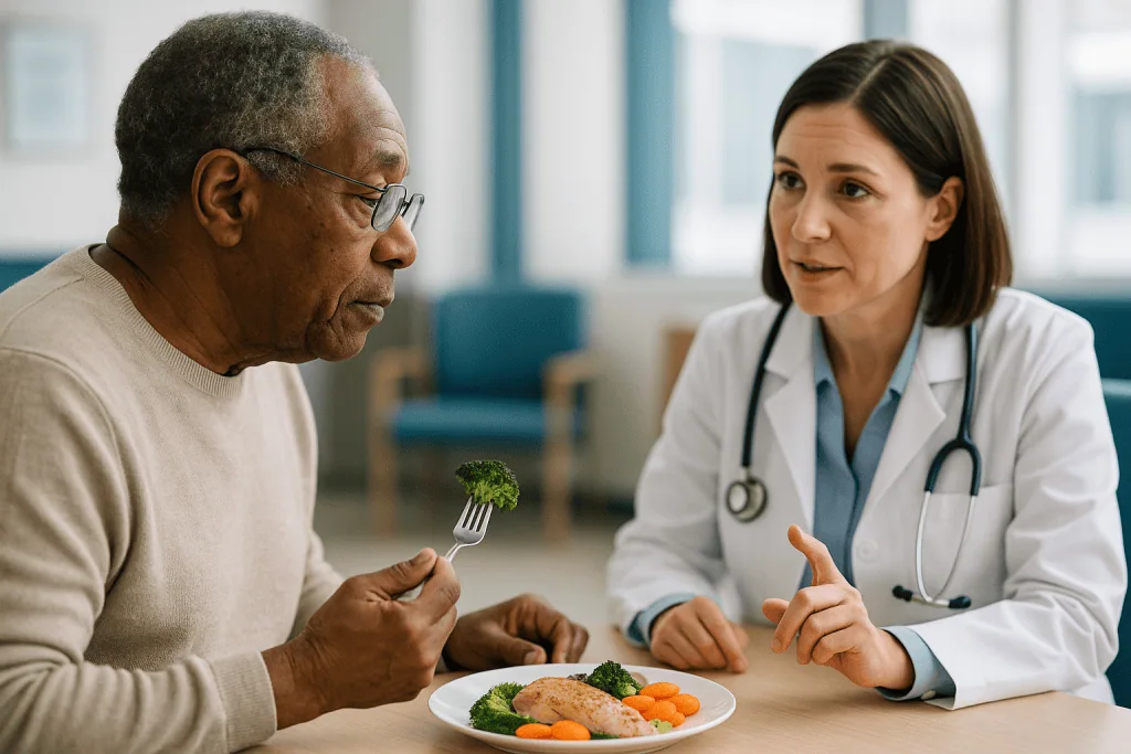 Doctor consulting patient about healthy diet nutrition: Can a person with glaucoma live a normal life?