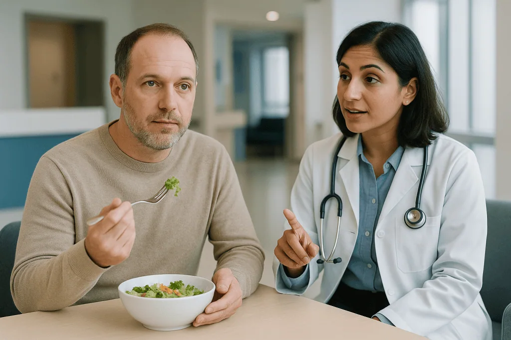 Doctor consulting patient about salad nutrition: Can a prosthetic eye move like a normal eye? Setting prosthetic eye movemen