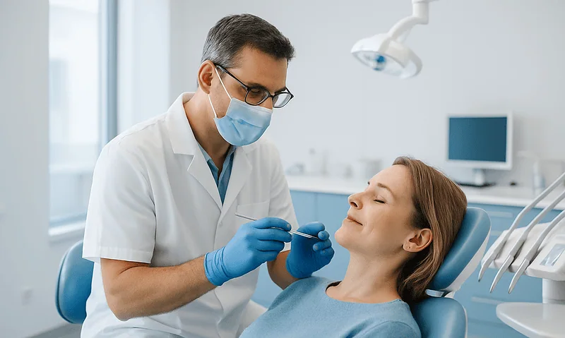 Dentist examining patient's teeth in a modern clinic setting.