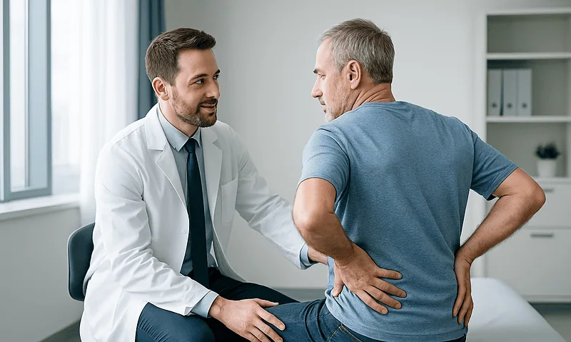 Doctor consulting with a patient about back pain in a medical office.