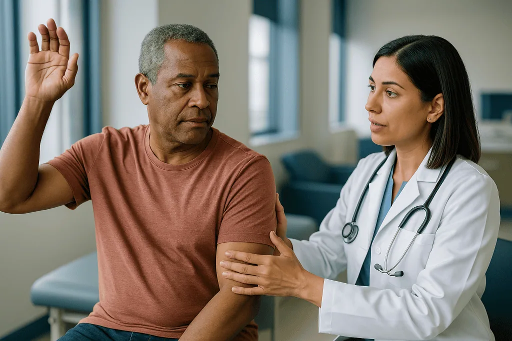 Doctor examining patient's shoulder mobility and range of motion: Can a torn rotator cuff heal on its own? What actually hap
