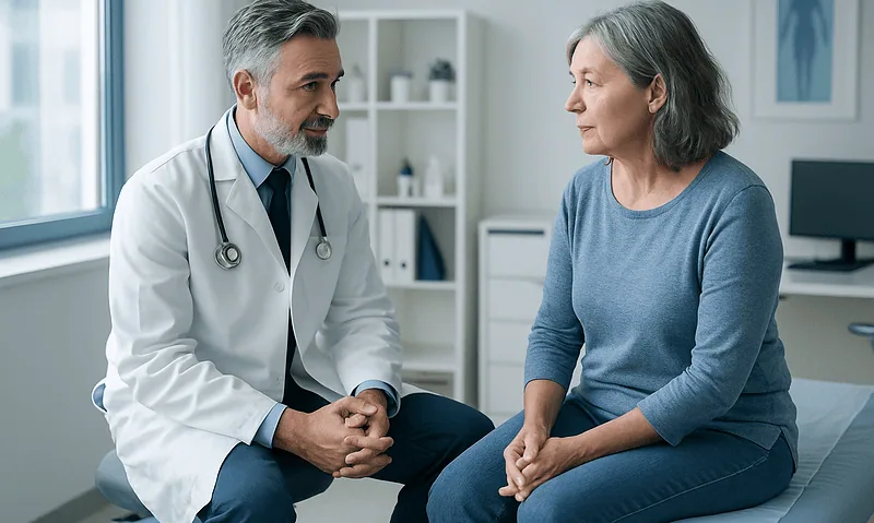 Doctor consulting with an older female patient in a medical office.