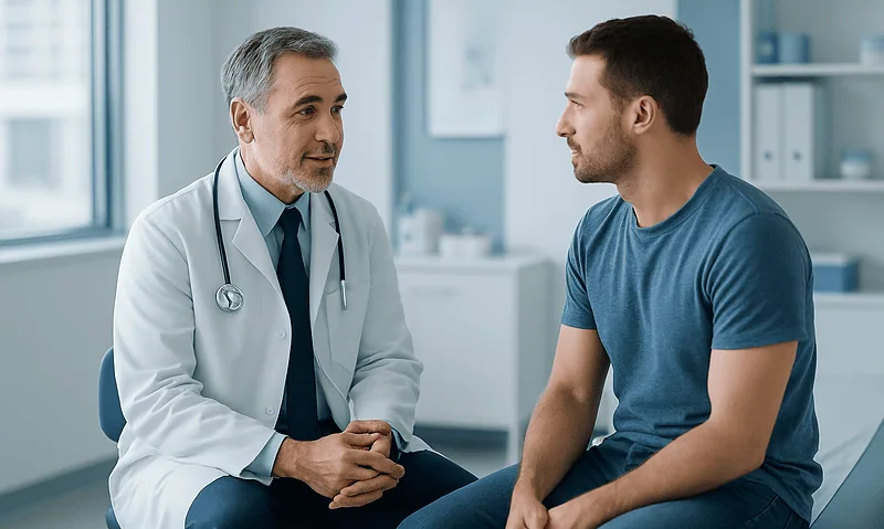Doctor consulting with a male patient in a modern medical office.