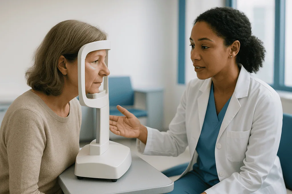 Ophthalmologist conducting visual field test on mature patient — Can a visual field test detect glaucoma on its own?