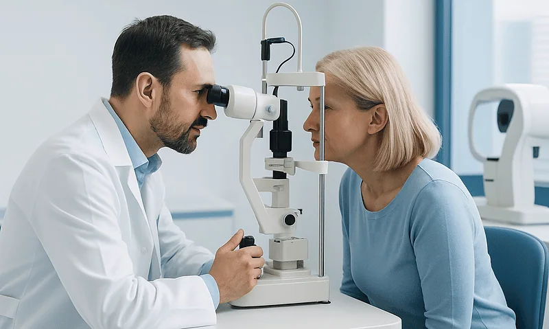 Eye doctor examining a woman's eyes with a slit lamp in a clinical setting.