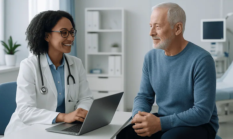 Doctor consulting with an elderly male patient in a modern clinic.