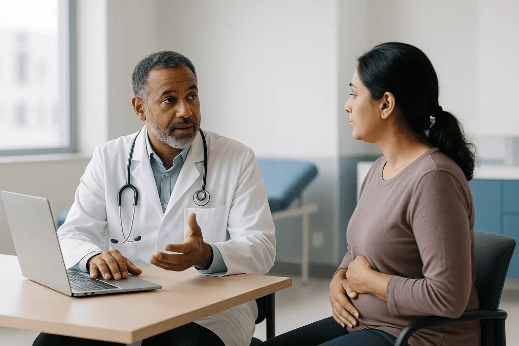 Doctor consulting pregnant patient in clinical office setting: Can an AI doctor diagnose you the way a physician does?
