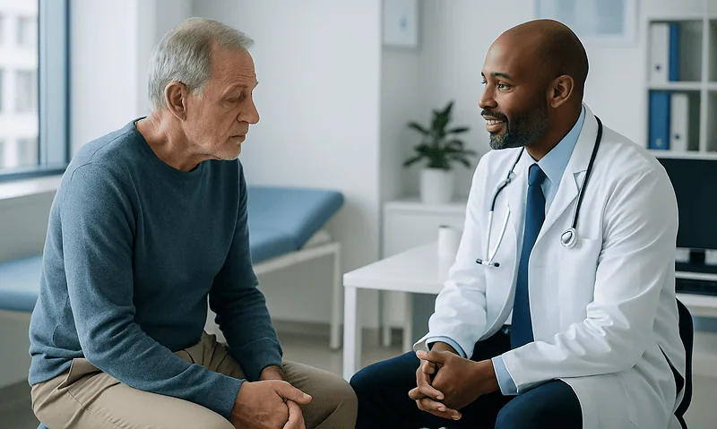 Doctor consulting with elderly male patient in a medical office.