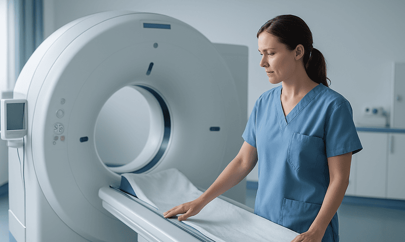 Female healthcare professional preparing MRI scan in hospital setting.