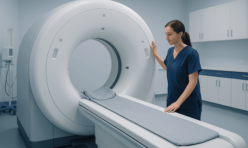 Medical professional preparing MRI machine in hospital setting.