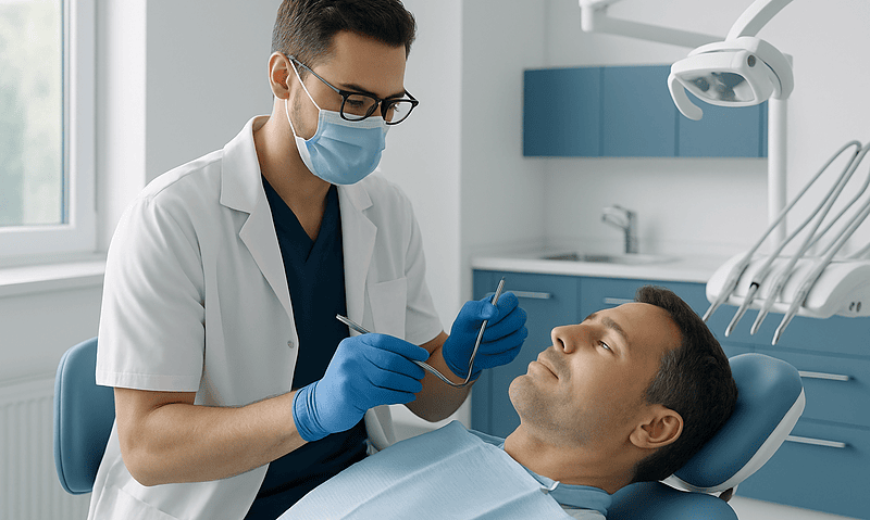 Dentist examining patient in modern dental clinic with dental tools.