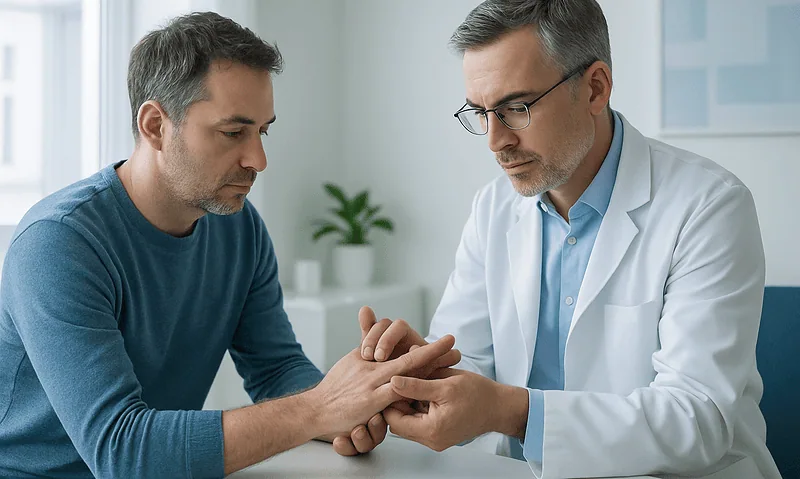 Doctor examining patient's hand for arthritis symptoms in a clinic setting.