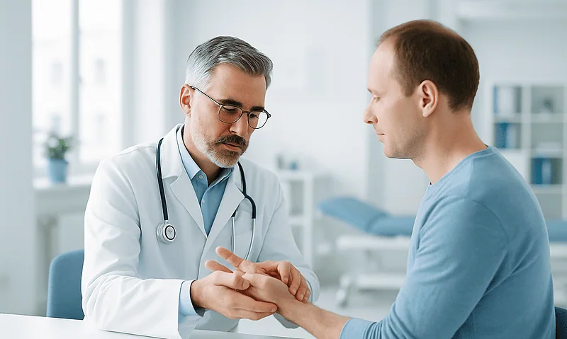 Doctor examining patient's wrist in a medical consultation.