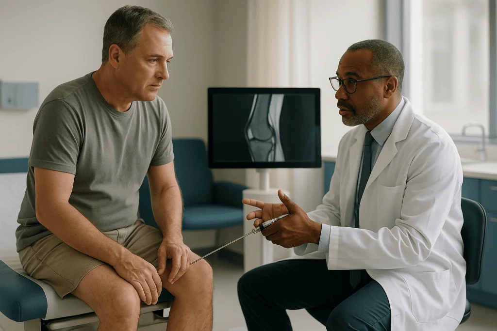 Doctor consulting with male patient about knee X-ray: Can arthroscopy really diagnose what an MRI missed?