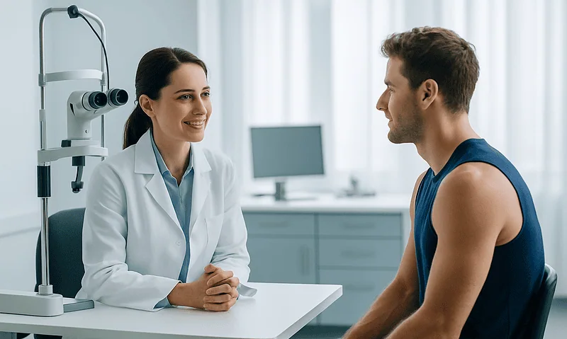 Optometrist consulting with a male patient in a clinical setting.