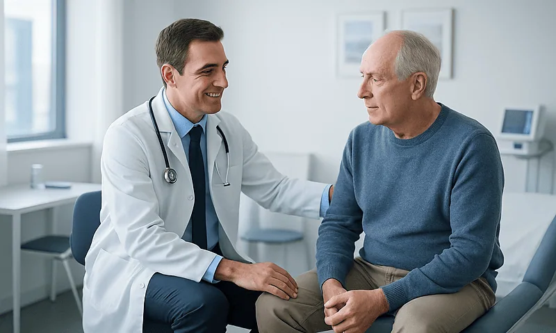 Doctor consulting with an elderly patient in a hospital room.
