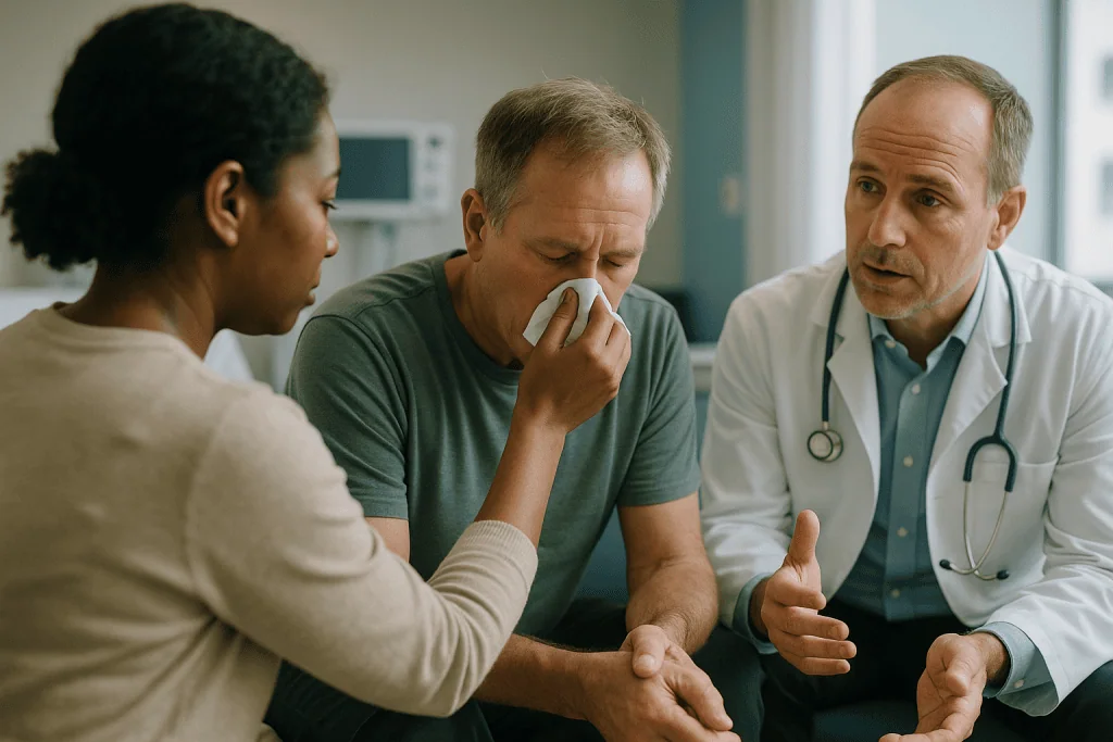Doctor consulting with patient and companion in clinical setting: Can bird flu spread from human to human?
